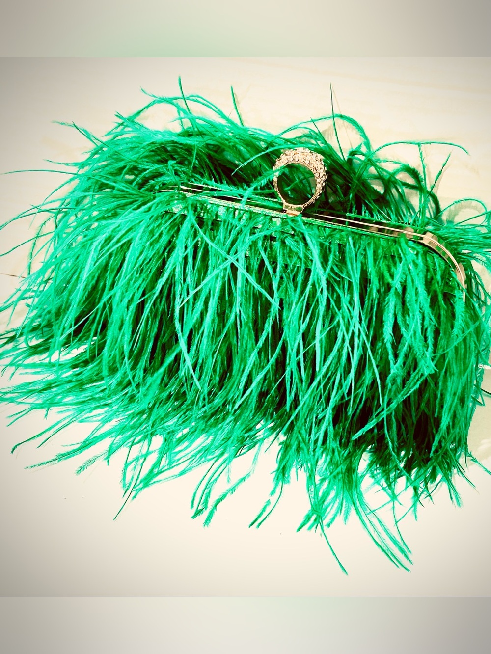 Whimsical Feather Clutch with rhinestone gold ring accent & hidden chain strap
